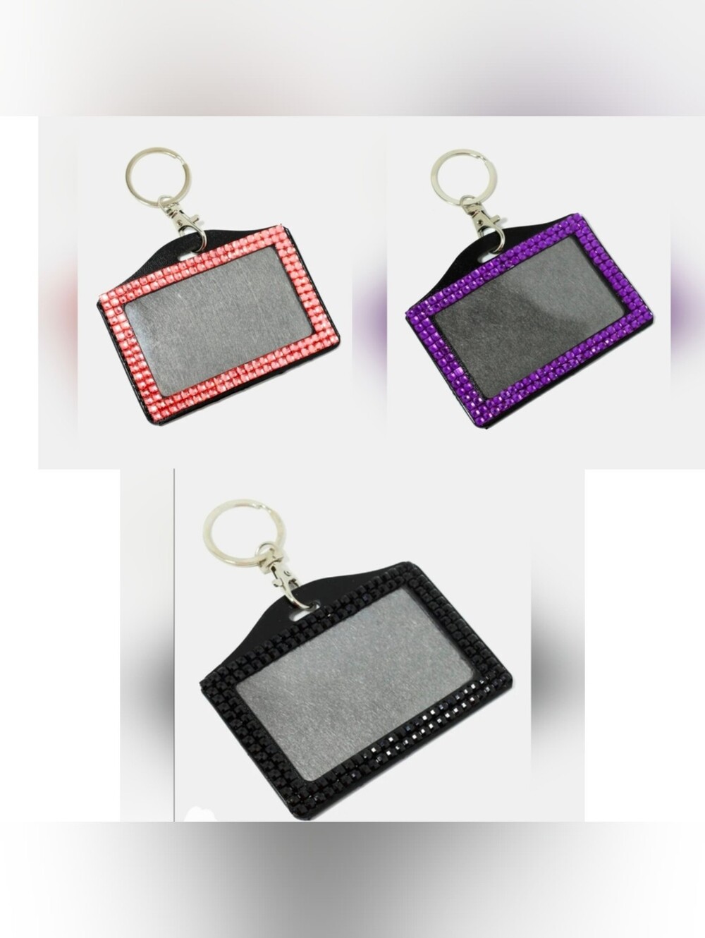 3 x Rhinestone ID Holder/ Badge Keychain - Black, Pink & Purple Bundle BNIB
